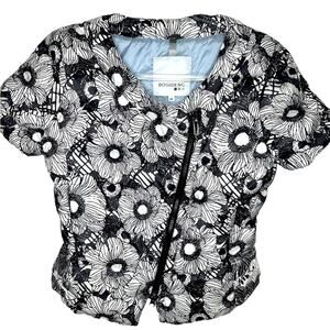 Bosideng Asymmetrical Zip Jacket Size M Floral White Black Short Sleeve